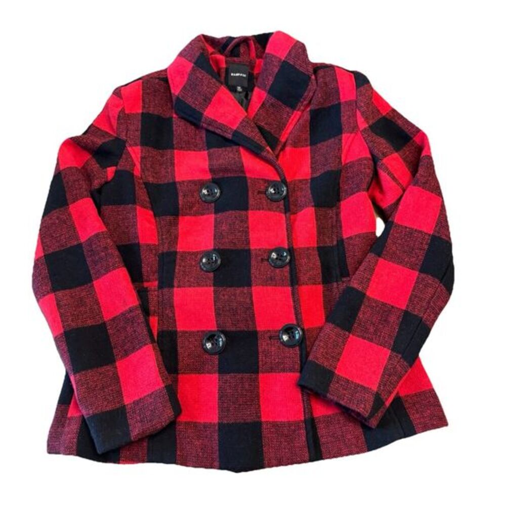 Rampage Women's Buffalo Check Plaid Pea Coat‎ Double Breasted Jacket Size Medium